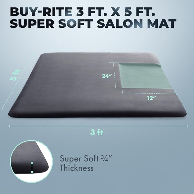 Buy-Rite 3’ x 5’ No Fatigue Salon Mat – ¾” Super Soft Rectangular Stylist Floor Mat with 12” x 24” Square Chair Cut-Out, Puncture-Proof, Anti-Fatigue, Easy-Clean Surface, SHP-SS3050RSQR3/4